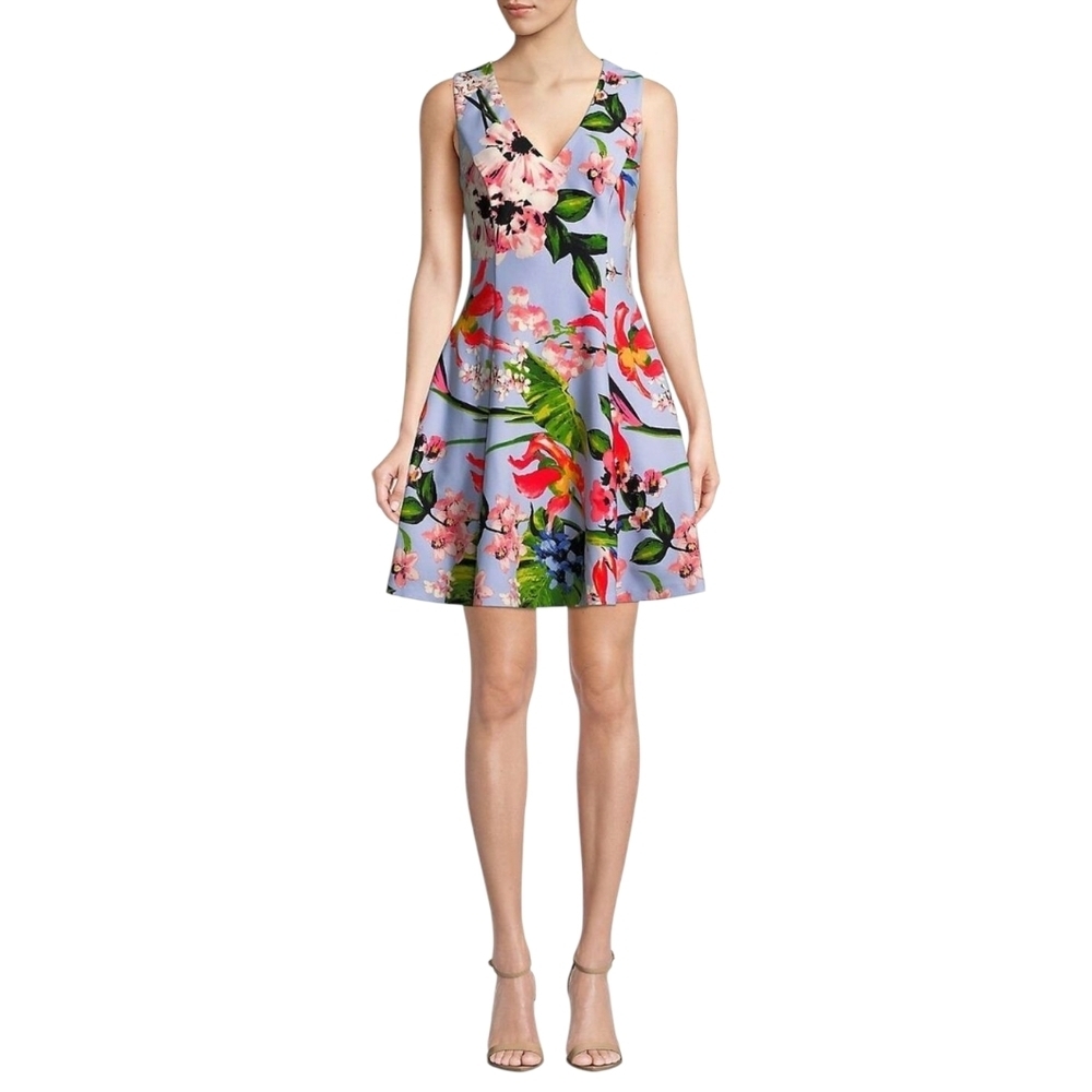 Vince Camuto Blue Sleeveless Fit and Flare Mini Dress Tropical Floral Print sz 2